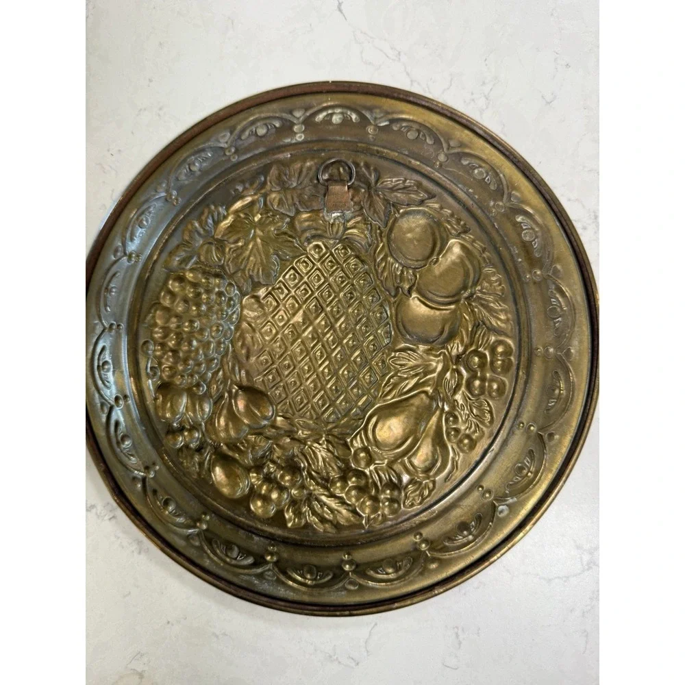 VTG Brass Tone Metal Fruit Relief Plate Wall Hanging Plaque 12